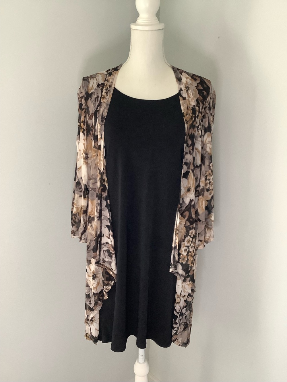 Black Dress with attached Floral Sheer Drape Cardigan